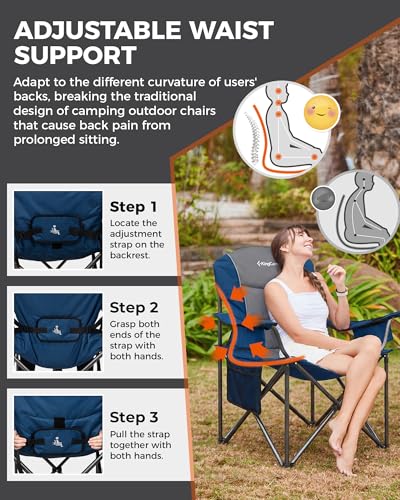 KingCamp Oversized Camping Chair with Adjustable Lumbar Support, 550lbs Heavy Duty Padded Folding Lawn Chair for Adults, Outdoor Armchair with Cooler Bag, Cup Holder & Side Pocket for Fishing, Travel - color: 2 Pack-blue/Mediumgrey