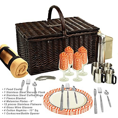Picnic at Ascot Buckingham Willow Picnic Basket With Blanket And Coffee Service, Brown Wicker/Diamond Orange