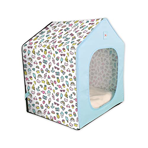 Pawtitas Portable Dog House for Small and Medium Dogs Comes with A Removable Cushion Pet Bed Mat Pillow | Anti-Slip Pad Under The House | Easy to Install, No Tools Or Screws are Required - Teal Comic