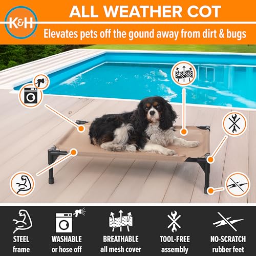 K&H Outdoor Elevated Dog Bed - Cooling Raised Dog Bed for Small & Medium Pets, Breathable Mesh Hammock Design, Indoor/Outdoor Washable Cover, Portable Metal Frame, Tan, Medium 32x25in - color: Tan Mesh, size: Medium 32"L x 25"W