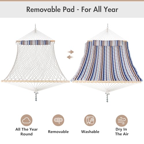 ANOW 13.5FT Curved Wood Stand with Double Hammock, Heavy Duty Larch Wood Arc Stand with 2 Chains, 4 Balance Ropes and 4 Carabiners, Includes Blue Seaside Rope Hammock with Spreader Bars - color: Blue Seaside