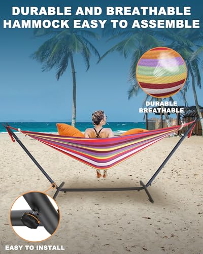 EveryFun Double Hammock with Heavy-Duty Steel Stand,Portable,Easy Assembly,600lbs Weight Capacity,Suit for Indoor,Yard,Camping,or Outdoor - color: Dc-tropical Rainbow