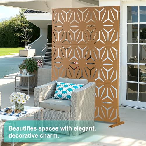 Modern Metal Privacy Screen, Patio Outdoor Privacy Panels with Stand, Freestanding Outdoor Divider for Yard, Deck＆Garden(71.3"*47.3"*15.7") - color: Brown,Star