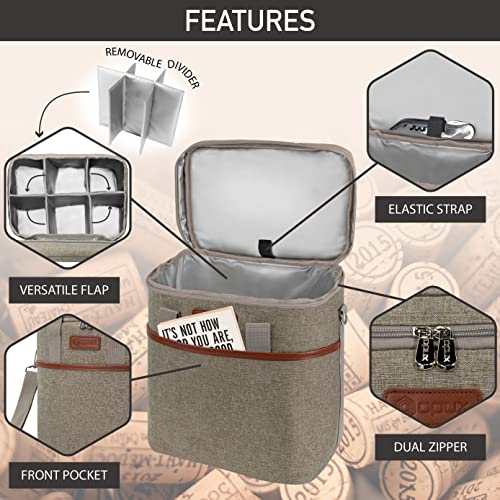 opux 6 Bottle Carrier Tote | Insulated Padded Wine Cooler Bag for Travel. Picnic, BYOB | Portable Leakproof Wine Tote Bag for Dinner, Party, Christmas, Wine Gift for Women, Men (Heather Taupe) - color: Heather Taupe, size: 6 Bottle