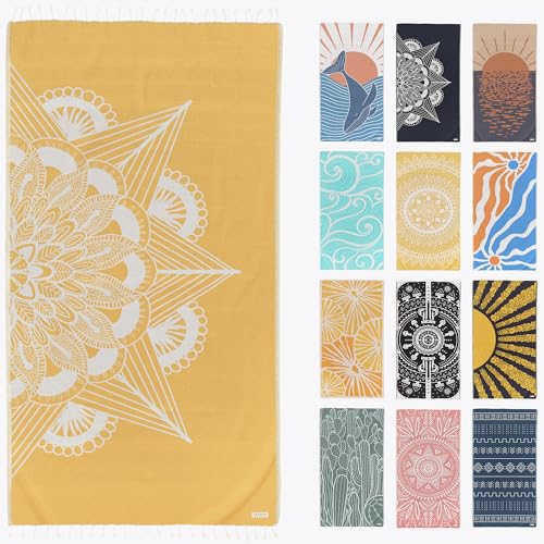FESHKA Sand Proof Turkish Beach Towel – Oversized, Quick Dry & Lightweight Travel Towel - 100% Organic Cotton Beach Blanket - Perfect for Bath, Pool & Picnic | Frozen (Yellow) - color: 13 - Yellow