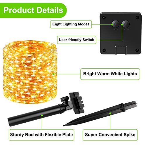 Brightever Outdoor Solar String Lights Waterproof 288Ft, 4-Pack Each 72FT 200 LED Solar Powered Fairy Lights with 8 Lighting Modes, Copper Wire Lights for Patio, Garden, Party, Wedding (Warm White) - color: Warm White, size: 4Packs（72FT 200LED）