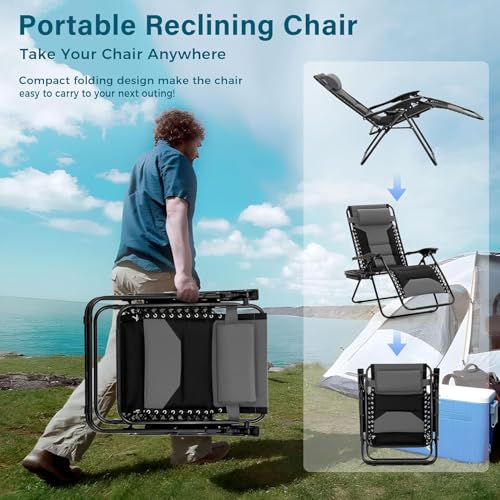 Simple Deluxe Relaxing Recliners Patio Chairs Adjustable Steel Mesh Zero Gravity Lounge Chair Beach Chairs with Pillow and Cup Holder, Black Grey - color: Black Grey, size: 62.2"(L) x 29.13"(W) x 41.73"(H)