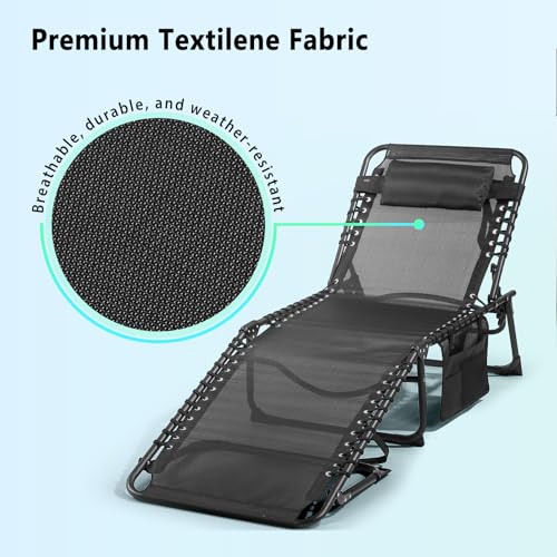 Unovivy Outdoor Chaise Lounge Chairs Set of 2, Portable Folding Pool Lounge Chair with 5-Position Reclining Back, Teslin Tanning Chair for Pool, Beach, Patio, Sunbathing - color: Black
