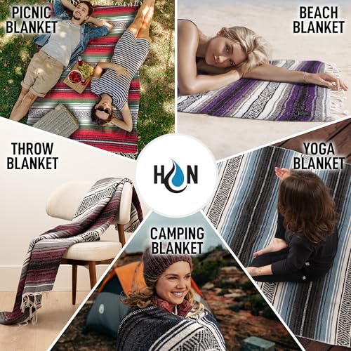 Hydration Nation Authentic Extra Large Mexican Blanket (70"x50") - Handwoven Yoga, Serape - Artisanal Falsa, Beach, Camping, Picnic, Outdoor (Purple) - color: Purple
