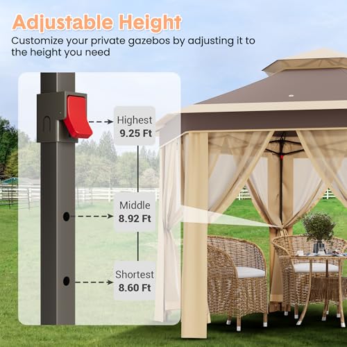 13X13 Pop Up Gazebos,Outdoor Canopy Tent with Mosquito Netting, Double Vented Roof Sun Shelter with Adjustable Heights,Outdoor Gazebo for Backyard & Patio Furniture.（Khaki-Six Sides Gazebos） - color: Khaki Beige