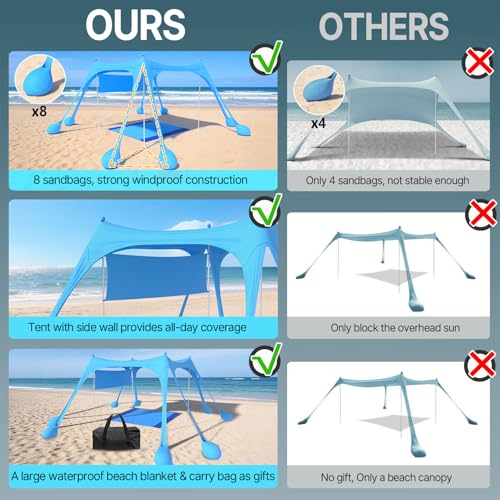 Suteck Beach Tent Sun Shelter with Sidewall, Easy Set Up 10x10ft Beach Canopy, Outdoor Sun Shade with UPF 50+UV Protection, 8 Sandbags, 4 Stability Poles for Camping, Fishing or Picnics(Sky Blue) - color: Sky Blue