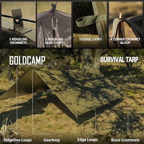 GOLDCAMP Waterproof Camping Tarp，70D Nylon 10X10FT Hammock Rain Fly ，UV 50+ and PU15000mm Tent Tarp Shelter Canopy，Heavy Duty Multifunctional Sun Shade or Rain Fly Essentials for Hiking Backpacking - size: 10X10FT