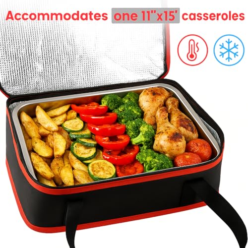 Insulated Resuable Casserole Carrier Bag for Hot or Cold Food, Foldable Portable Prep Carrier, Thermal Food Transport Bag for 9''x13'' & 11''x15'' Baking Pan, Travel Picnic Cake Dessert lunch, Black - size: Standard Black-Red
