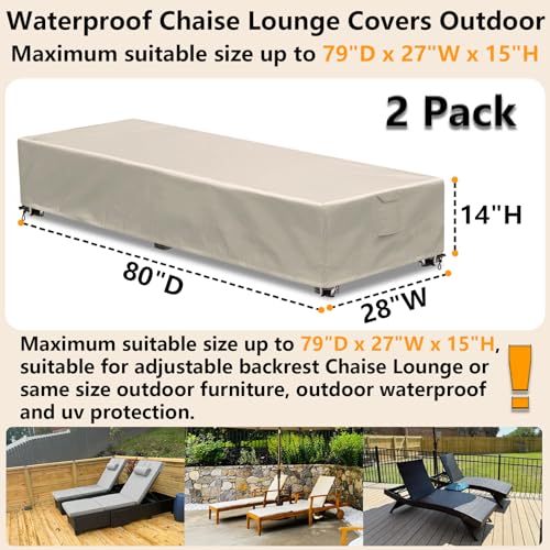 Outdoor Chaise Lounge Cover 2 Pack Patio Lounge Chair Covers Waterproof 600D Weather Resistant Material, UV Protection, Windproof Design Outside Furniture Covers 80" x 28" x 14" H,Beige - color: Beige, size: 2 Pack (80"l X 28"w X 14"h)