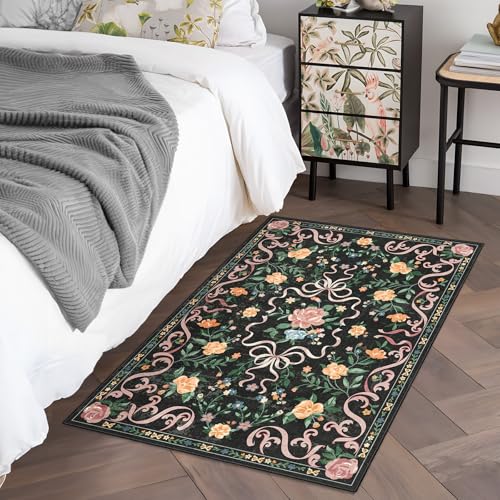 Black Rug Bow Floral Rug for Girls, 2x3 Washable Small Area Rug for for Entryway, Kitchen, Front Door Indoor Entrance, Non Slip Carpet for Bathroom Bedroom Living Room - color: Aa#black(bow Floral), size: 2' x 3' (Rectangular)