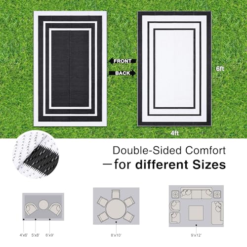 OLANLY Outdoor Rug 4x6 ft Waterproof, Reversible Outdoor Plastic Straw Rug, RV Mat, Indoor Outdoor Carpet Clearance for Patio, Camping, Balcony, Deck, Backyard, Black & White - color: Black & White, size: 4' X 6' (Rectangular)