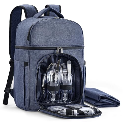 Vogano Picnic Backpack & Accessories – Insulated Picnic Set for 2 Person with Dual Compartments, Lightweight Blanket, Cutlery Set, for Newlyweds and Couples Gifts Blue