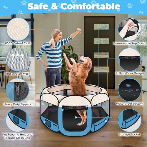 Dog Playpen 45", HOMAGICO Pet Playpen for Indoor Cats Enclosed, Portable Dog Cage Outdoor Tent Crate with Carrying Case, Water-Resistant and Removable Shade Cover, Blue - color: Blue