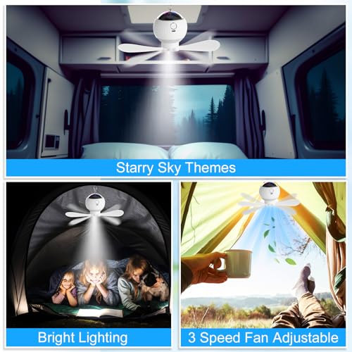 Aurelema 2 Sets Camping Fan with Star Projector 3 in 1 Rechargeable Ceiling Fan with LED Lantern Portable Tent Fans for Camping Hanging with Remote Control Outdoor Camping RV Essentials Indoor Decor