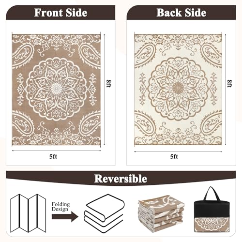 Pauwer Waterproof Outdoor Rug 5x8, Reversible Plastic Straw Patio Camping Rug, Indoor Outdoor RV Mat Carpet for Deck, Camper, Porch, Balcony, Backyard, Picnic, Boho Brown - color: Boho Brown, size: 5' x 8' (Rectangular)