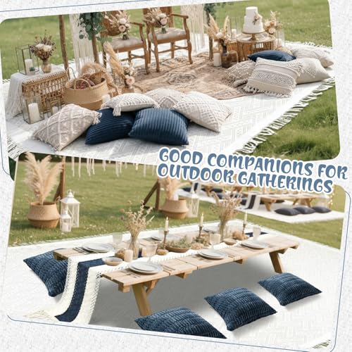 Beeveer Extra Large Outdoor Boho Picnic Blanket 91'' x 71'' Blue Table Runner 6 Throw Pillow Cover Woven Cotton Yarn Oversize Beach Blanket Washable for Picnic Camp Wedding - color: Blue, size: Fit 4-6 People 91'' X 71''
