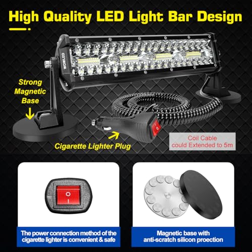 Magnetic LED Light Bar, Super Bright 12 Inch Combo Beam Cigarette Lighter Light Bar 6000K with Strong Magnets 4 Way Mount, 12V 24V Tractor Work Light for ATV Cars Trailer - size: 12inch Combo Magnetic Lights