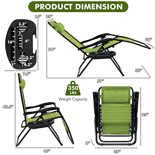Giantex 2 PCS Zero Gravity Chair, Outdoor Chaise Lounge with Cup Holder, Patio Folding Chairs Recliner for Yard Pool Lawn Balcony - color: Green, size: 1 Count (Pack of 2)