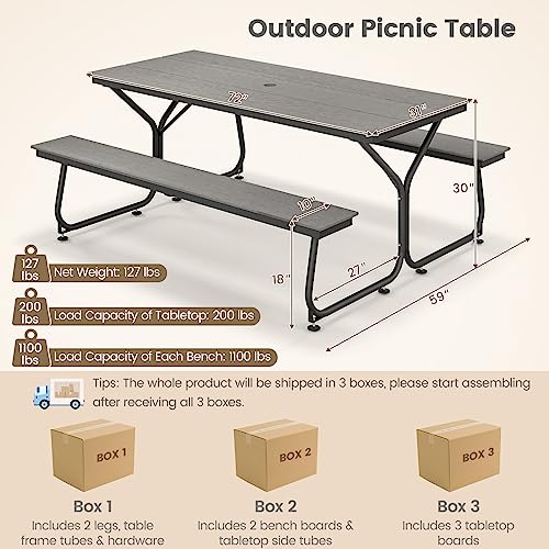 Giantex 6 FT Outdoor Picnic Table Bench Set for 6-8 People, 2400 LBS Capacity Patio Dining Table & 2 Benches with Metal Frame & HDPE, Balcony Conversation Set for Poolside Deck Garden (Gray) - color: Grey
