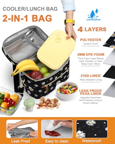 Capolo Lunch Box for Women Men Adults,Insulated Lunch Bag Leakproof Lunch Cooler Box with Removable Strap Cute Lunch Tote Bags Reusable Thermal Lunchbox for Work Picnic(Small,Black Flower) - color: Black Flower, size: Small