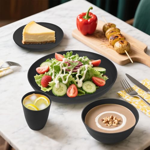 Wheat Straw Dinnerware Sets for 8, 32 PCS Unbreakable Plates and Bowls Sets, Reusable Dinnerware Set for Kitchen Outdoor and Apartment Dinning Essentials - Black - color: Black, size: 32 PCS