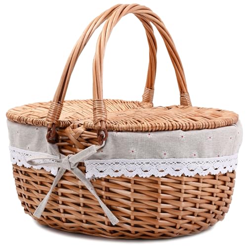 Wicker Picnic Basket with Lid and Handle Sturdy Woven Body with Washable Lining,Little Flowers - color: Little Flowers