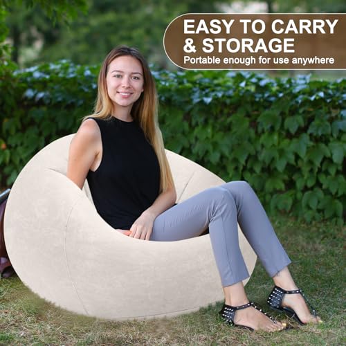 Realspring Inflatable Bean Bag Chairs for Adult Blow up Chairs Lazy Sofa Folding Portable Inflatable Chair for Movie Outdoor Room Bedroom Reading Camping(Beige) - color: Beige