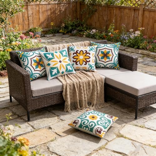 Pyonic Waterproof Outdoor Pillow Covers 18x18 inch Set of 4 Morocco Vintage Floral Boho Throw Pillow Covers Water Resist Outdoor Pillows for Patio Furniture Garden Yard,Turquoise - color: Turquoise, size: 18" x 18" (Pack of 4)