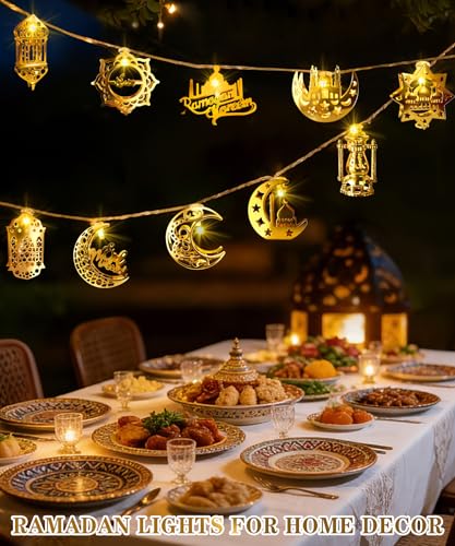 Ramadan Eid Mubarak Lights, Ramadan Decorations for Home 10 LEDs Eid Mubarak String Lights Moon Star Lantern Eid Mubarak Decoration for Wall Tree Hanging Indoor Outdoor Decor - style: Traditional