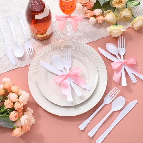 Minatee 25 Sets White Plastic Cutlery Set with Twist Tie Bows, Heavy Duty Tableware Disposable Forks Knives Spoons Silverware Utensils Set for Coquette Birthday Bow Party Table Setting Picnics - color: White,Pink