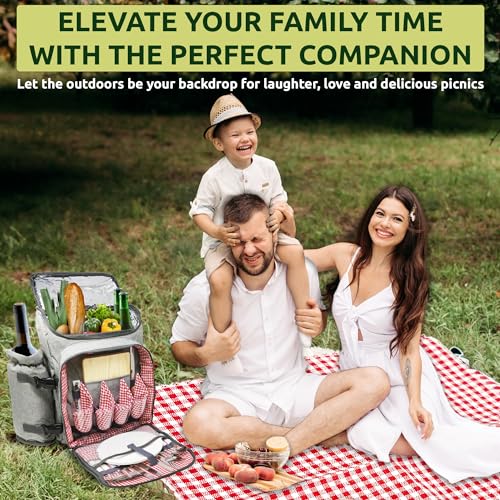 Nature Gear Picnic Backpack for 4, Insulated Picnic Set with Dinnerware, Wine Cooler, Blanket & Cutlery Service, Waterproof Outdoor Bag for Beach, Camping, Travel & Park, Red - color: Red