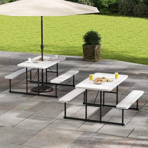 LDAILY Picnic Tables with Benches, Rectangular Dining Table Set for Outside 4 People, HDPE Tabletop, Metal Frame, Umbrella Hole, Heavy Duty Picnic Table for Outdoors, Patio, Lawn, Commercial (White) - color: White