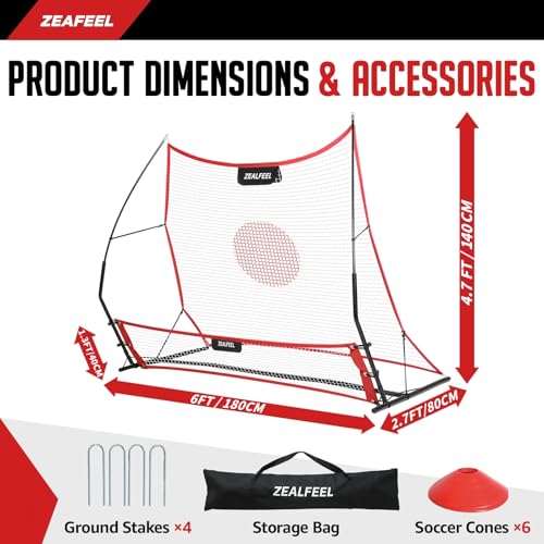 ZEALFEEL Soccer Rebounder, 2-in-1 Soccer Rebound Net, 6'x4.7' Large Net & 6'x16" Small Net, Soccer Bounce Back Net Practice for Team Volley Passing Solo Training, Football Trainer with Carry Bag Cones