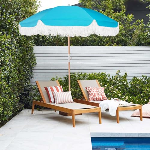 Lefedrasticity Boho Outdoor Umbrella with Tassels,6ft Table Umbrella Outdoor Patio with Knobs Tilt,Wind Resistant Portable Beach Umbrella UPF50+ Fringe Umbrellas For Pool Backyard Deck Garden - color: Blue Green