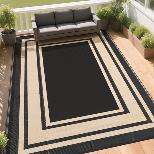 RURALITY Outdoor Rugs 8x10 Waterproof for Patios Clearance,Plastic Straw Mats for Backyard,Porch,Deck,Balcony,Reversible,Black and Beige - color: Panel-black&beige, size: 8' x 10' (Rectangular)