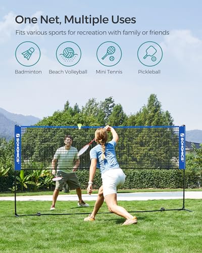 SONGMICS Badminton Net, Height Adjustable Volleyball Net, Pickleball Net for Junior Tennis, Kids, Indoor Outdoor Court, Foldable Nylon Net with Poles 10ft/13ft/16.5ft Wide - color: Blue, size: 10FT