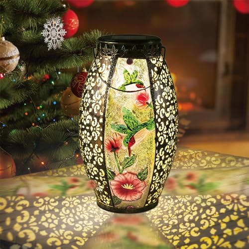Larekook Hummingbird Solar Lantern Outdoor Waterproof,13" Large Metal Hanging Lantern Decorative,Hummingbird Solar Lights for Yard Lawn Porch Patio Garden Decor,Birthday Gifts for Women Mom - style: 2 Hummingbird
