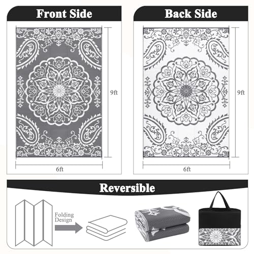 Pauwer Waterproof Outdoor Rug 6x9, Reversible Plastic Straw Patio Camping Rug, Indoor Outdoor RV Mat Carpet for Deck, Camper, Porch, Balcony, Backyard, Picnic, Boho Grey - color: Boho Grey, size: 6' x 9' (Rectangular)