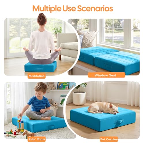 MeMoreCool Square Floor Pillow Seating for Adults Kids, Large Meditation Cushion Floor Pillow with Thick Foam & Soft Tufted Cover, Washable Big Pillow Seat Floor Cushion for Sitting Yoga 24" Blue - color: Sky Blue, size: 24 Inch