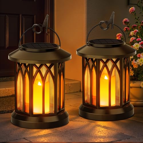 KOOPER 4 Pack Solar Lantern Outdoor Lights, Hanging Solar Lanterns Outdoor Waterproof, Christmas Gifts LED Flickering Flameless Candle Mission Lights for Yard Table Garden (Black) - size: 4 Pack, style: Candle