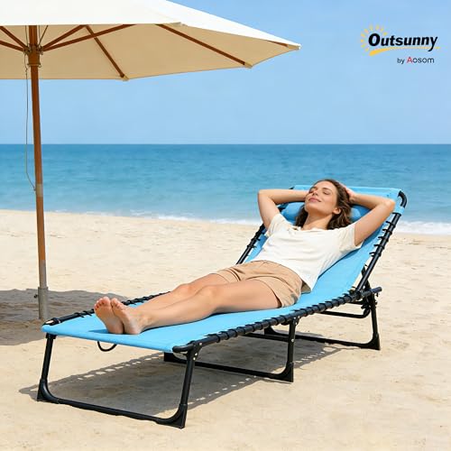 Outsunny Folding Chaise Lounge Chair, Patio Sun Tanning Chair, Outdoor Chaise Lounger with 4-Position Reclining Back, Breathable Mesh Seat for Beach, Poolside, Yard, Blue - color: Light Blue, size: 1 Pack