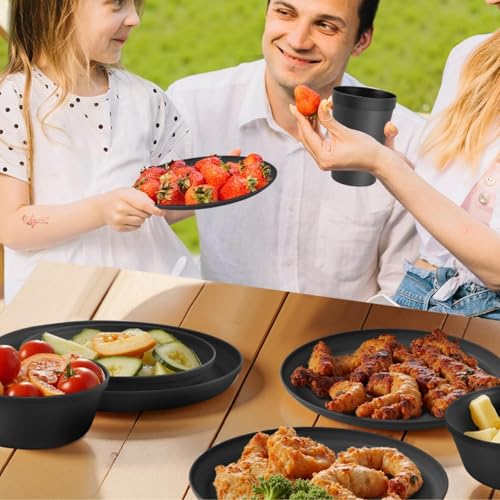 40 Piece Plastic Dinnerware Set for 8 with Cutlery, Unbreakable Plates and Bowls Set, Dishwasher & Microwave Safe Reusable Dish Set for Camping, RV, Outdoor Kitchen, Apartment Dining, Black - color: Black