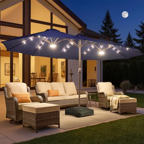 HOOOWOOO Outdoor Patio Umbrella With Solar Light,15 Ft Large Beach Umbrella,UV Protection Picnic Market Parasol Sunshade W Base Crank Handle For Backyard Deck Pool Shade - color: Navy Blue