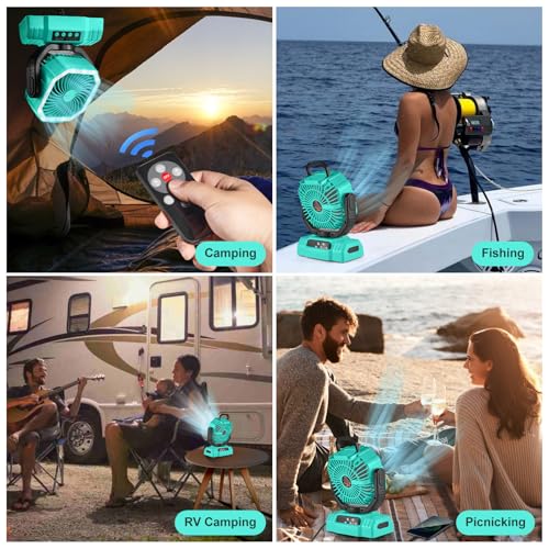 Odoland Portable Camping Fan with LED Lantern, 20000mAh Rechargeable Battery Powered Fan with Auto Oscillation, Timer, Remote, 360° Rotation Hook, 4 Speeds for Power Outage Travel Home, Cayan - color: Cayan
