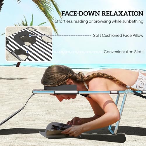 Outsunny Chaise Lounge Chair Outdoor with Face Arm Hole, 5-Position Reclining Face Down Tanning Chair with Carry Strap, Side Pocket, Portable Folding Bed Cot for Patio Beach Pool, Black Stripe - color: Black Stripe, size: 1 Piece
